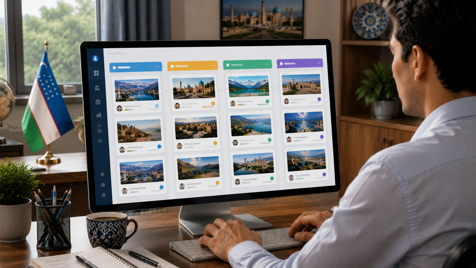 CRM pipeline board view showing enquiry cards across stages